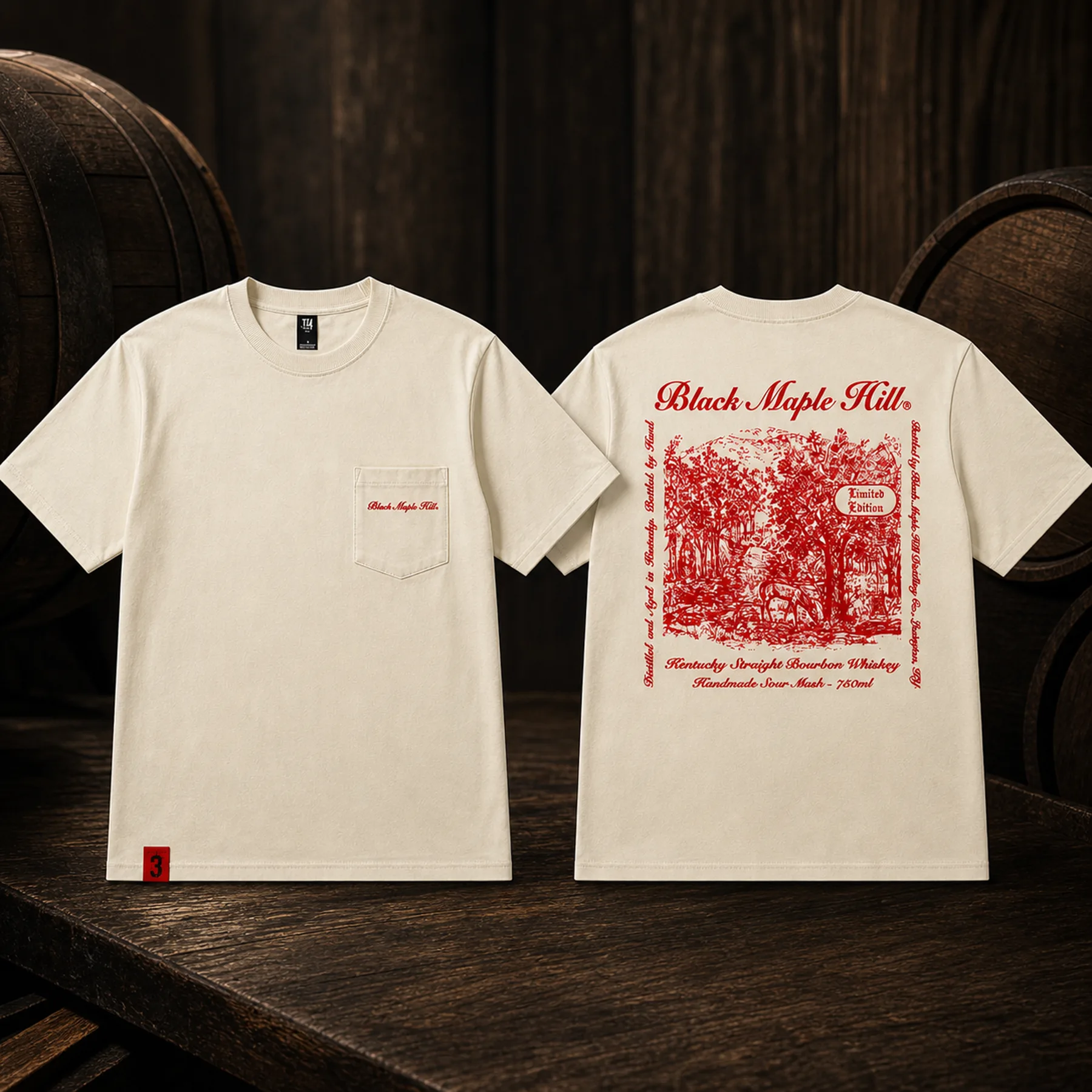 Front and back presentation of a Black Maple Hill branded T-shirt