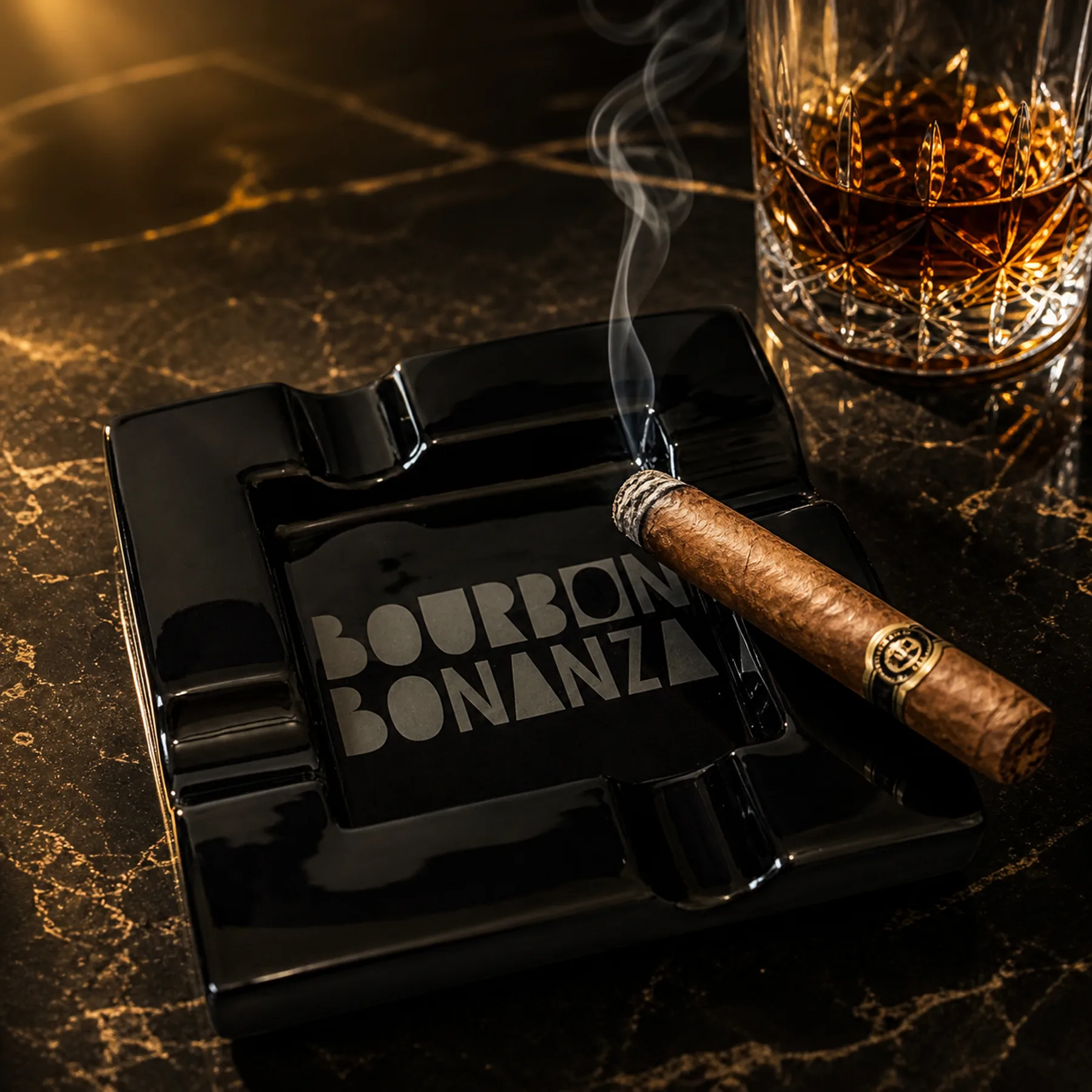 Black Bourbon Bonanza ashtray staged with a cigar and whiskey