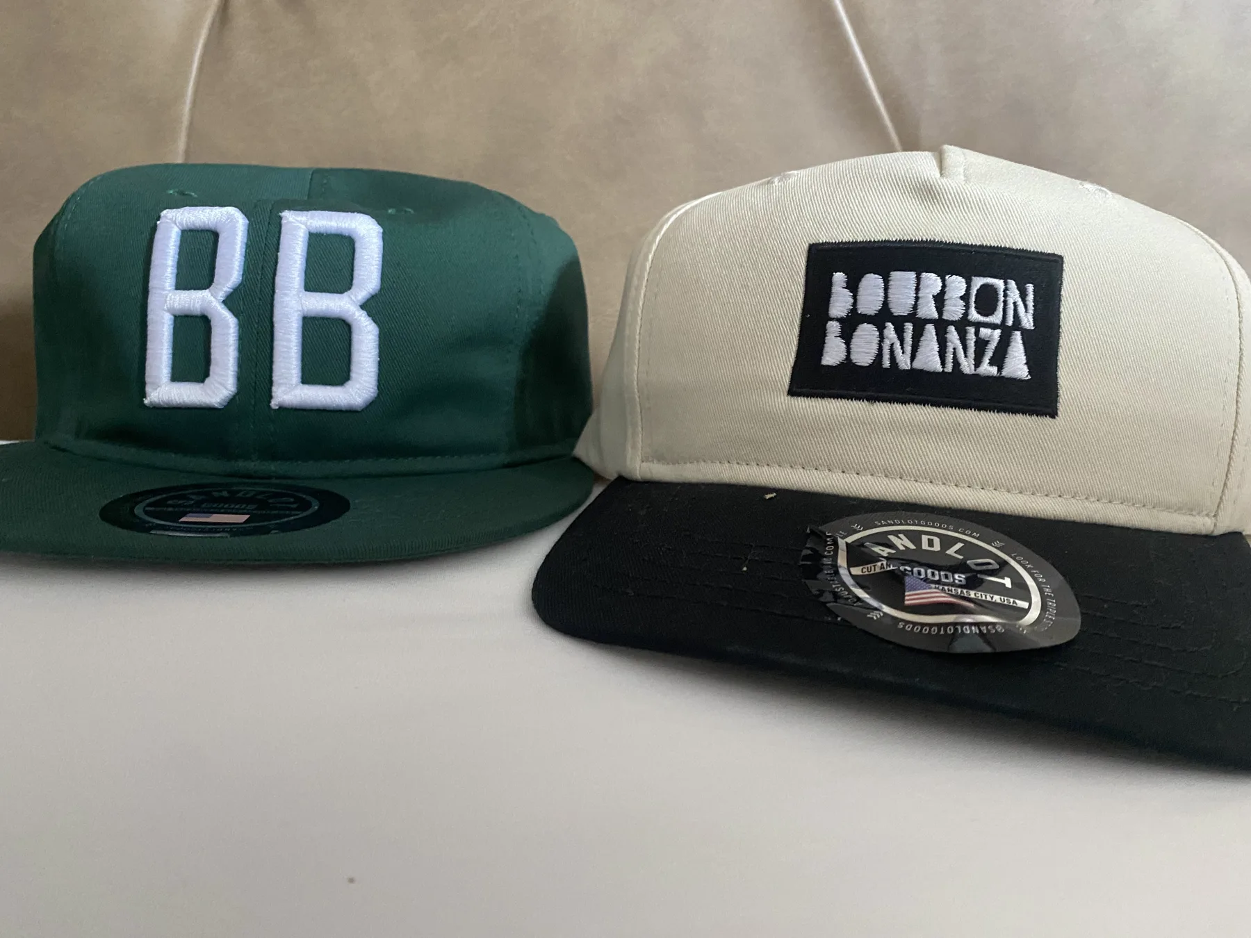 Green and cream custom Bourbon Bonanza caps