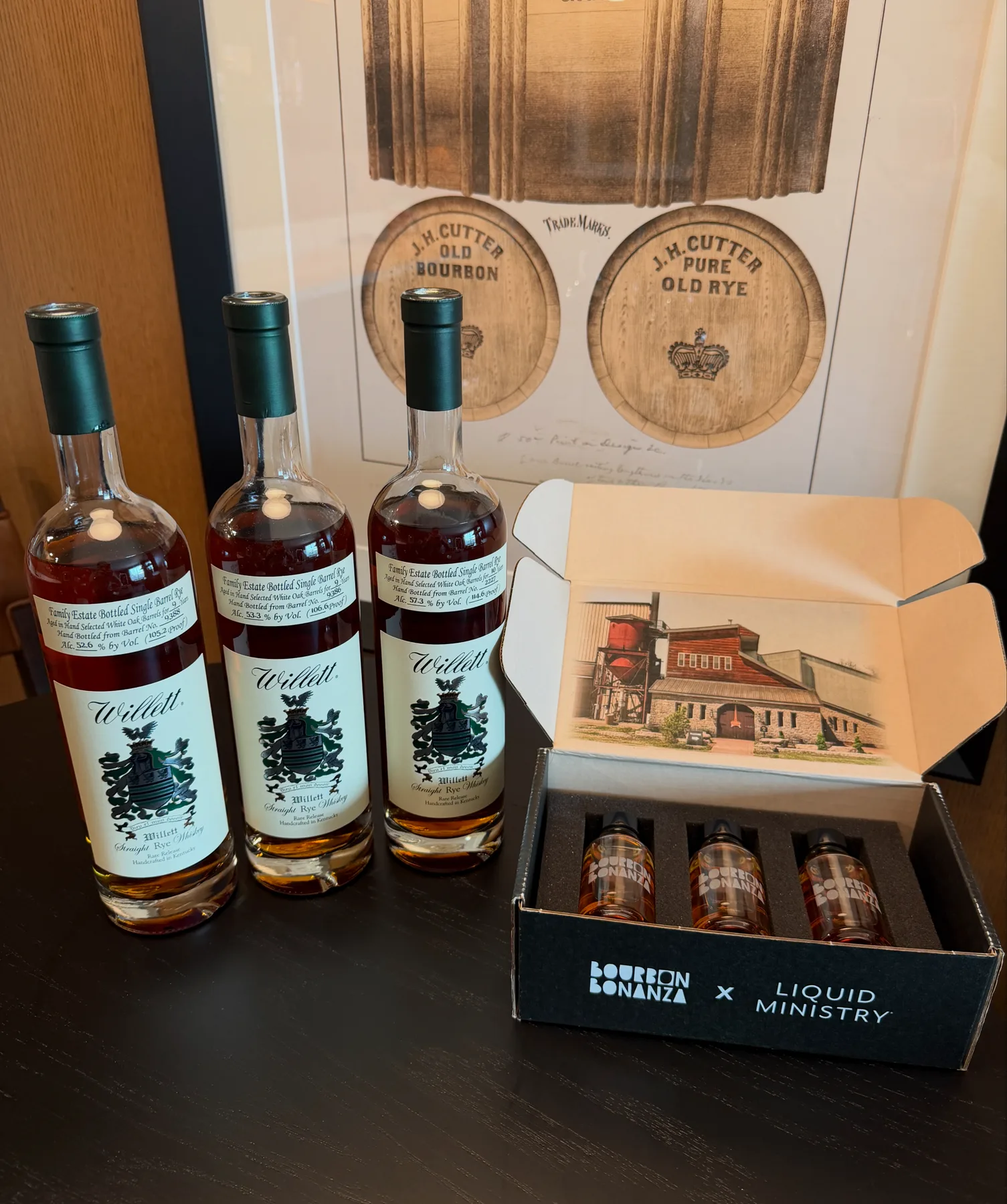 Custom Bourbon Bonanza whiskey gift box with bottles and branded packaging